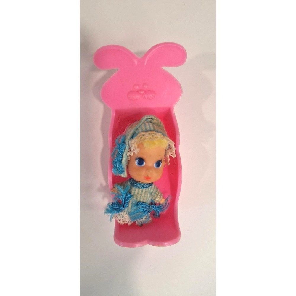 Vtg 1969 Mattel Liddle Kiddles Doll with Pink Bunny Carrier nappy time
